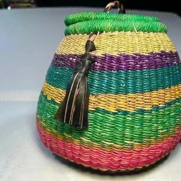 HANDMADE African Market Bucket Purse Bag Handwoven Sliding Top Crossbody Strap - Picture 2 of 7